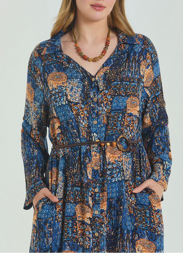 Shirt Collar Belt Detailed Blue Bohemian Plus Size Dress 4613